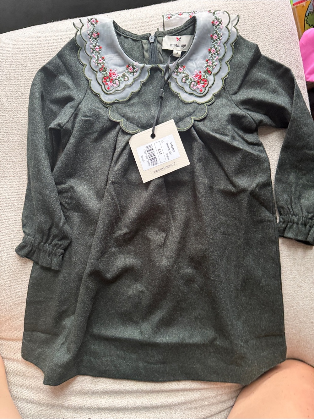 Melange Dark Green Long-Sleeve Dress Top with Embroidered Collar
